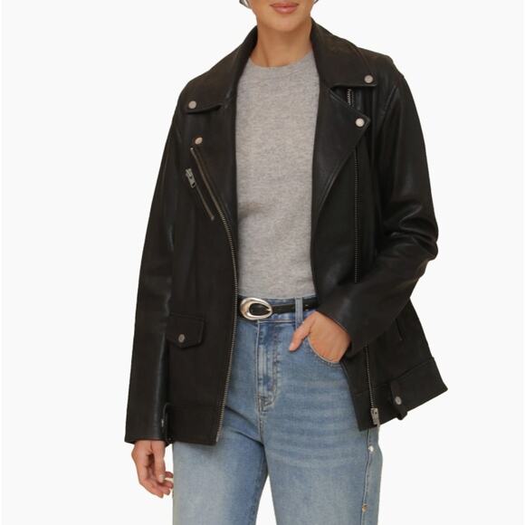 Avec Les Filles Anthropologie XXS 00 Moto Zip Jacket Black Oversized Leather‎ - Picture 1 of 16